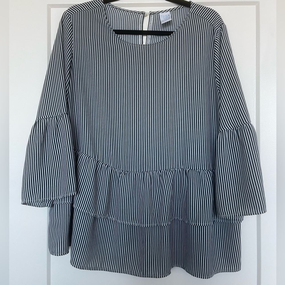 Time and Tru Navy White Striped Bell Sleeve Tiered Peplum Blouse XL 16-18